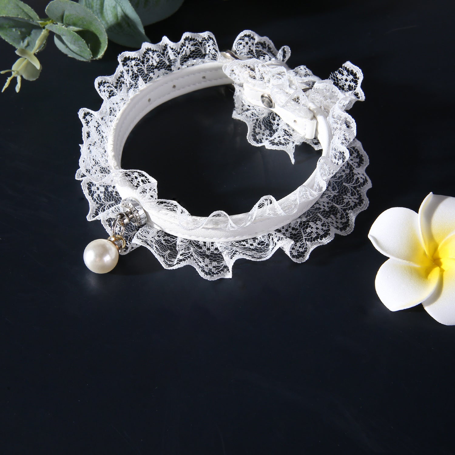 KFX-9434685 Monochrome Black and White Lace Cat Collar with Bell, Princess Style, One Size (Neck 25-32cm)