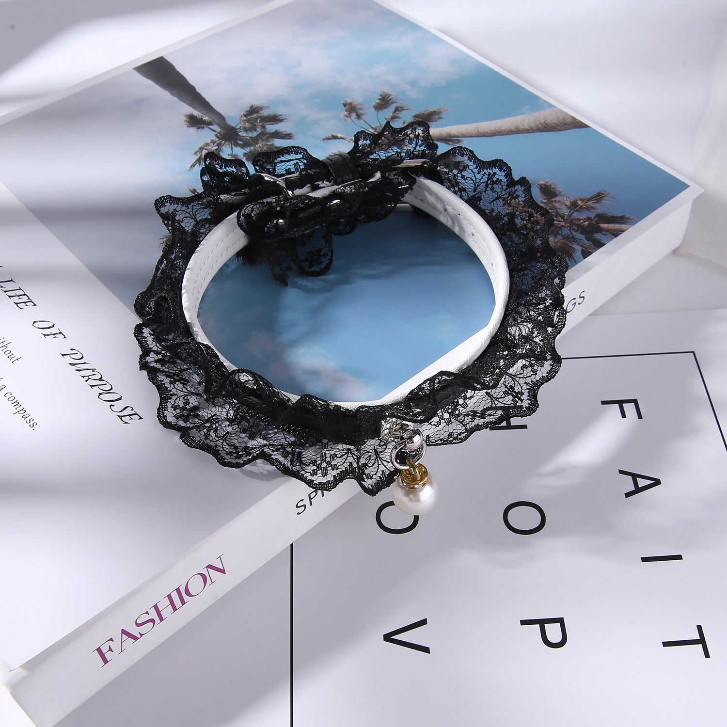 KFX-9434685 Monochrome Black and White Lace Cat Collar with Bell, Princess Style, One Size (Neck 25-32cm)