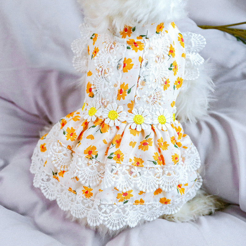 KFX-9438781 Princess Summer Floral Lace Dog Dress - Lightweight Polyester, Multiple Sizes Available