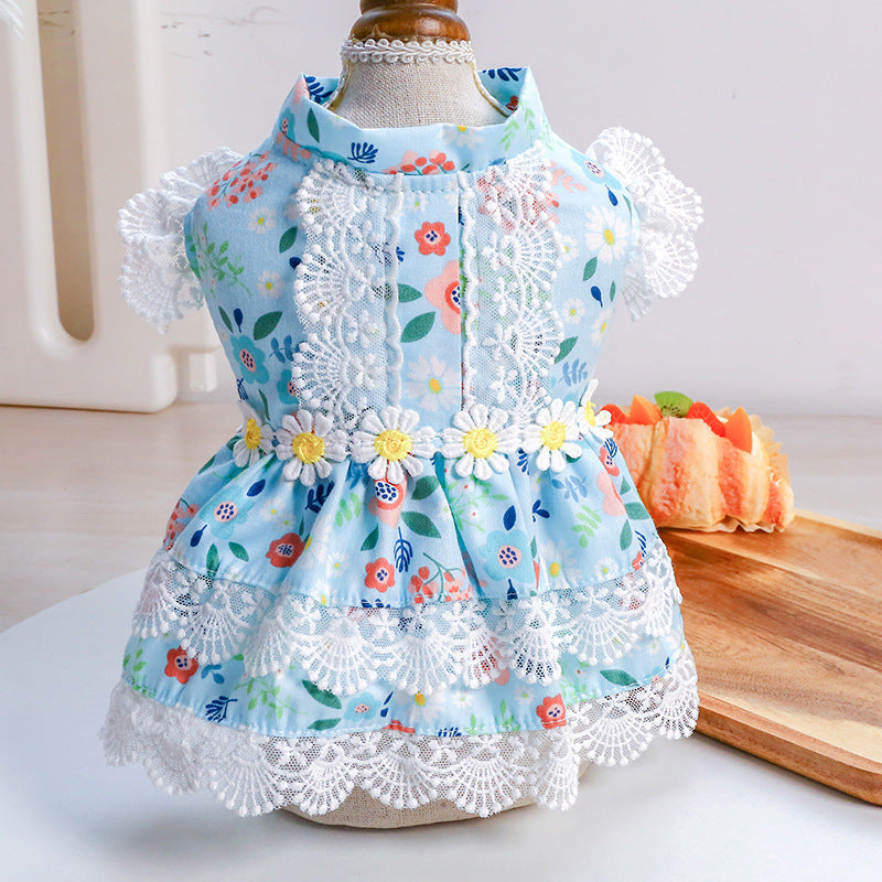 KFX-9438781 Princess Summer Floral Lace Dog Dress - Lightweight Polyester, Multiple Sizes Available