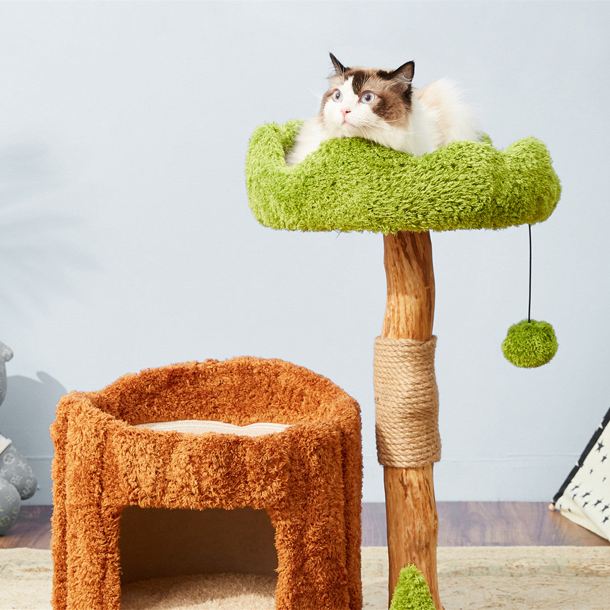 KFX-9441469 Solid Wood Cat Climbing Frame with Integrated Sisal Toy - Multi-Layer Tree House Design