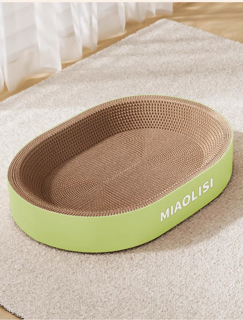 KFX-9447997 Corrugated Paper Cat Nest with Scratch Board - Oval Design in Green and Purple, 55cm Diameter