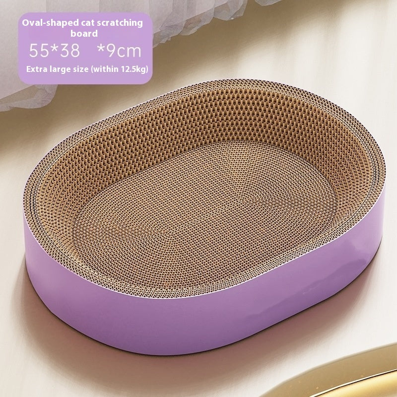 KFX-9447997 Corrugated Paper Cat Nest with Scratch Board - Oval Design in Green and Purple, 55cm Diameter