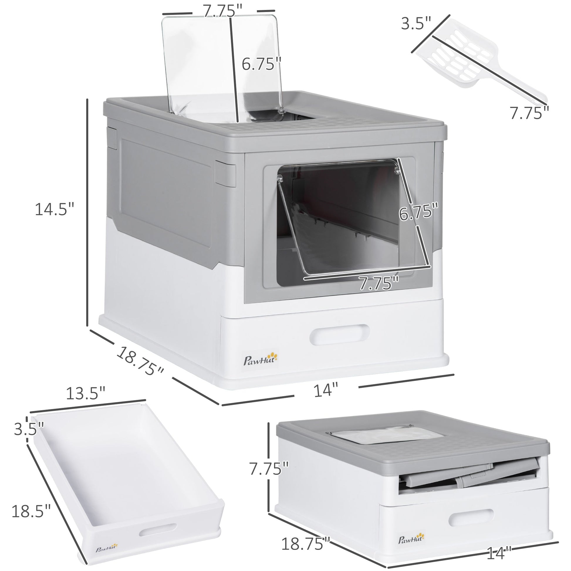 KFX-9449405 Fully Enclosed Cat Litter Box with Top Exit and Pull-Out Tray, Gray & White