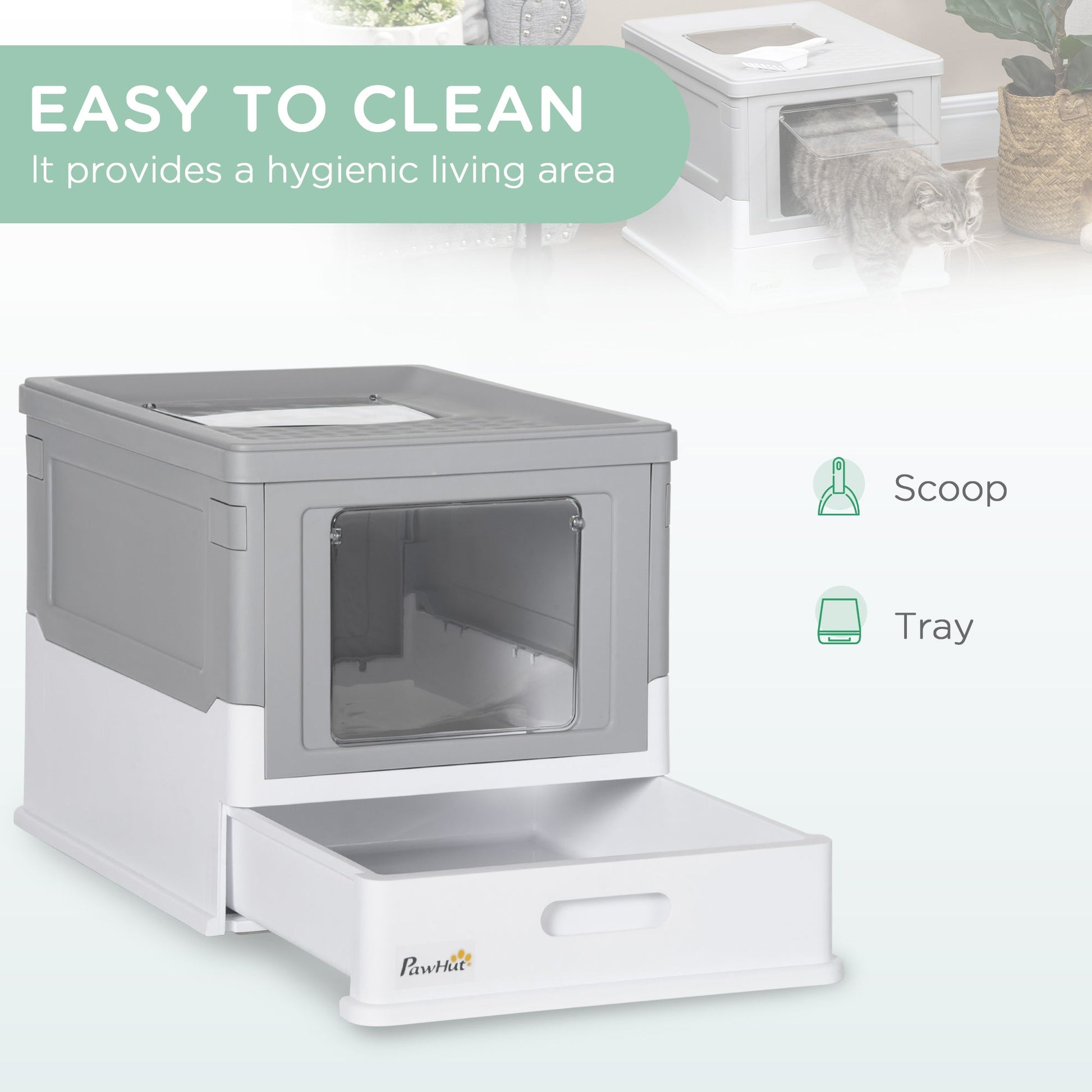 KFX-9449405 Fully Enclosed Cat Litter Box with Top Exit and Pull-Out Tray, Gray & White