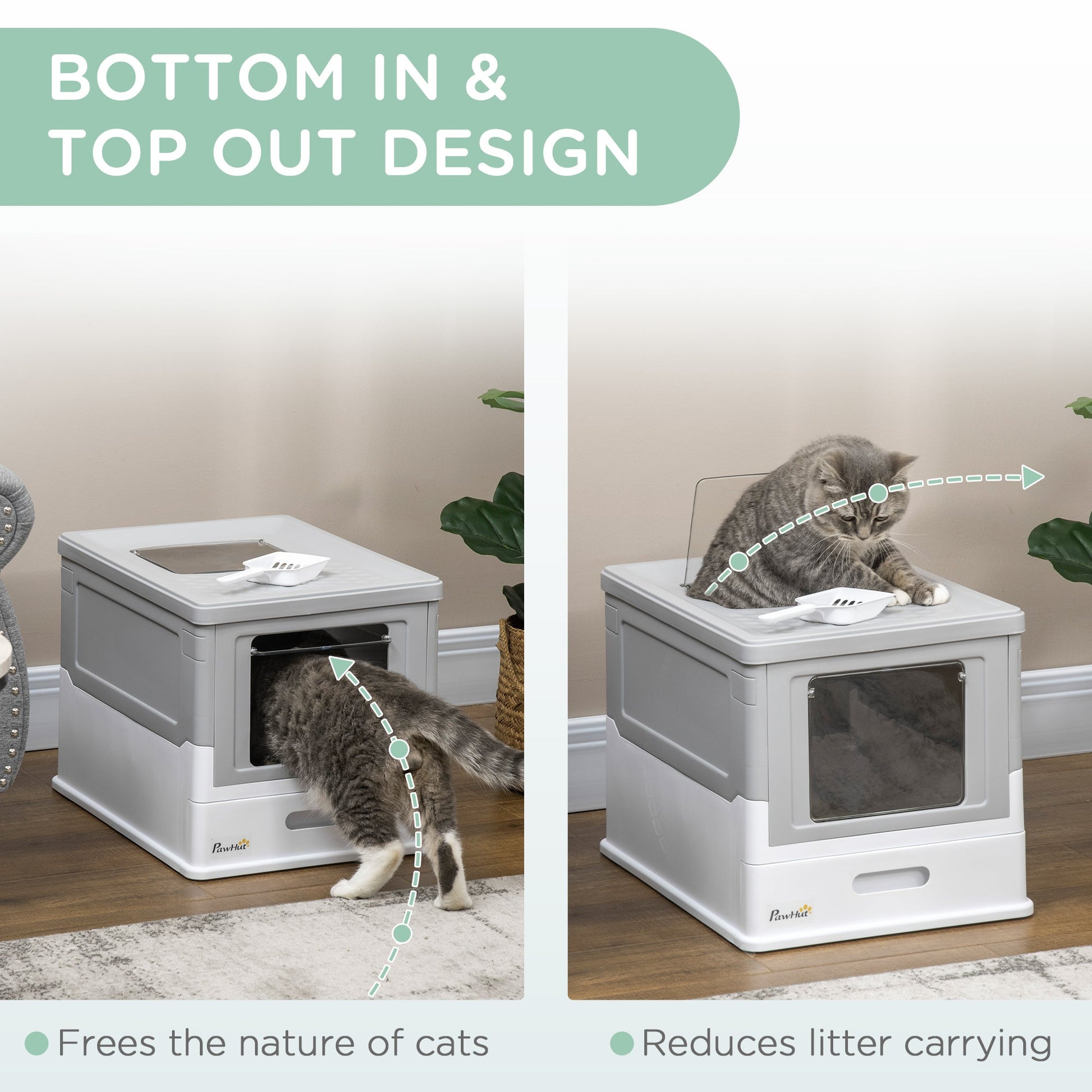 KFX-9449405 Fully Enclosed Cat Litter Box with Top Exit and Pull-Out Tray, Gray & White