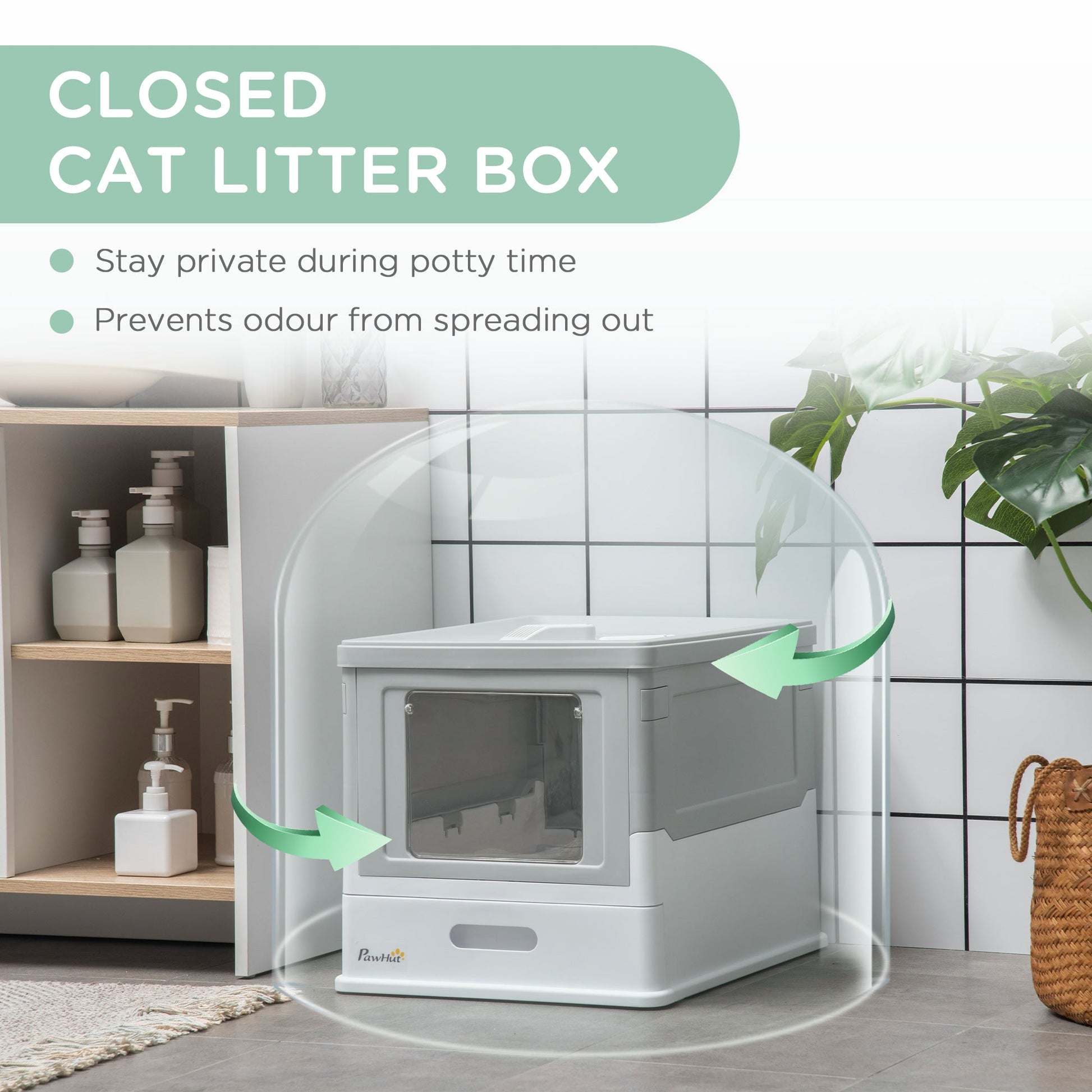 KFX-9449405 Fully Enclosed Cat Litter Box with Top Exit and Pull-Out Tray, Gray & White