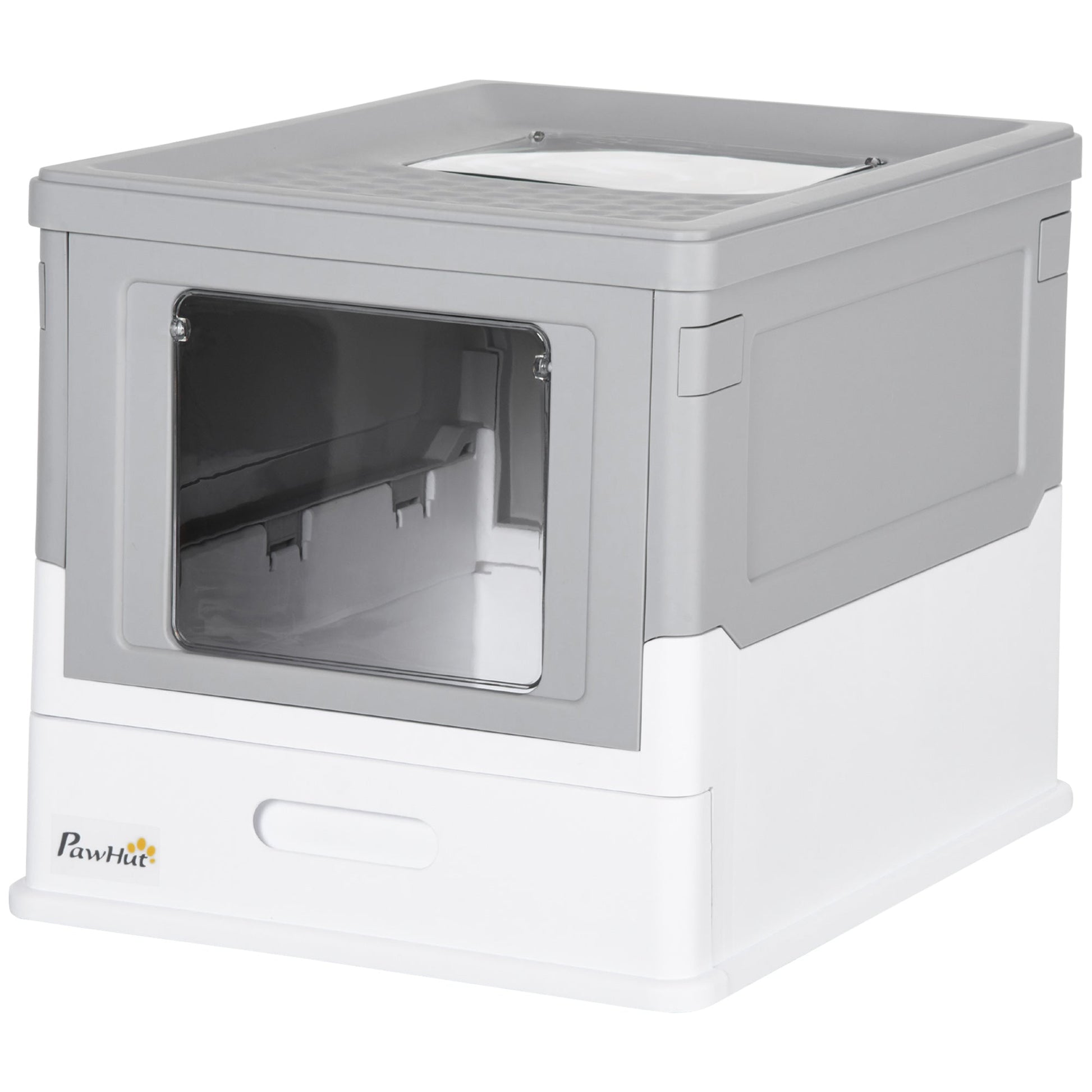 KFX-9449405 Fully Enclosed Cat Litter Box with Top Exit and Pull-Out Tray, Gray & White