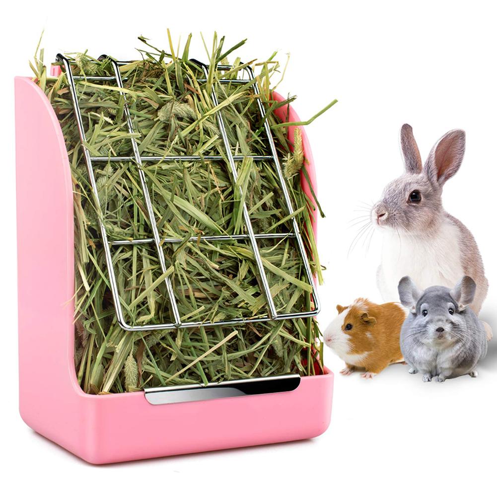 KFX-9455933 Small Animal Spring Grass Feeder for Rabbits and Guinea Pigs, Anti-Bite Plastic and Galvanized Mesh, 18cm x 14cm x 9cm
