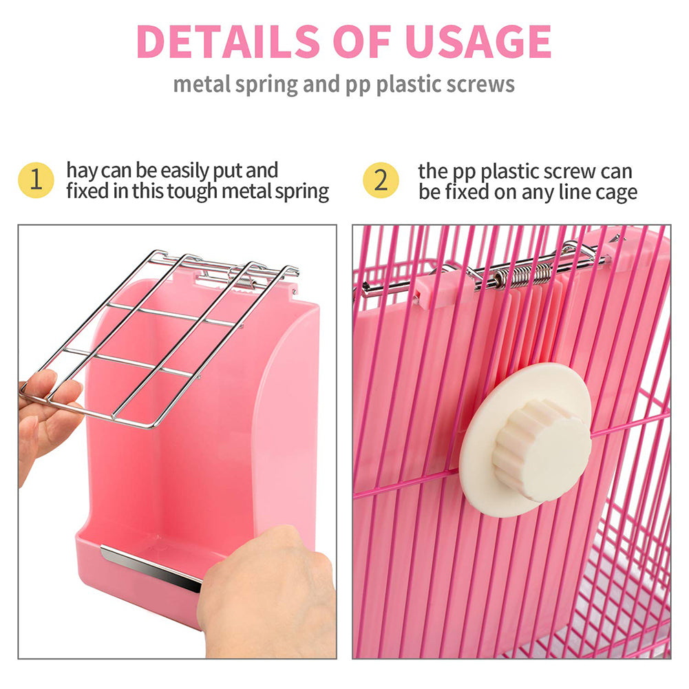 KFX-9455933 Small Animal Spring Grass Feeder for Rabbits and Guinea Pigs, Anti-Bite Plastic and Galvanized Mesh, 18cm x 14cm x 9cm