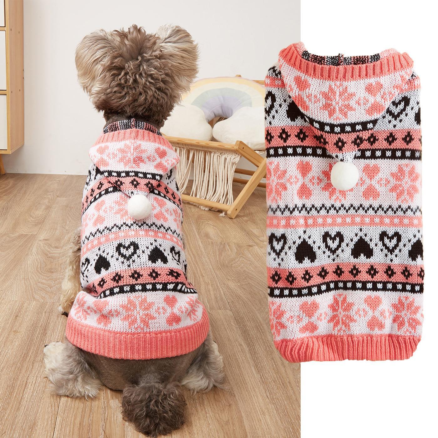 KFX-9457469 Warm Knitted Dog Sweater with Snowflake Love Stripes in Pink, Blue, Gray - for All Sizes