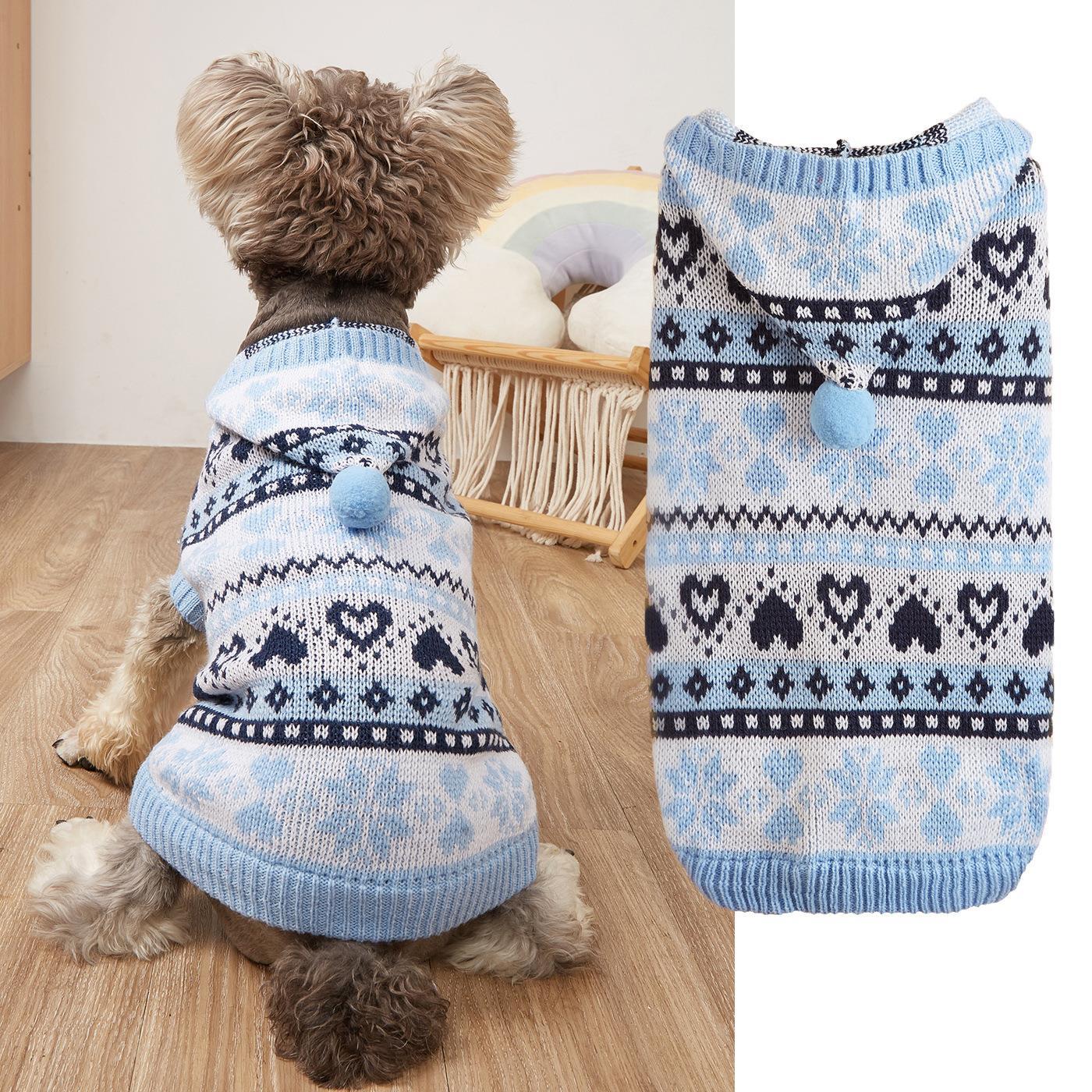 KFX-9457469 Warm Knitted Dog Sweater with Snowflake Love Stripes in Pink, Blue, Gray - for All Sizes