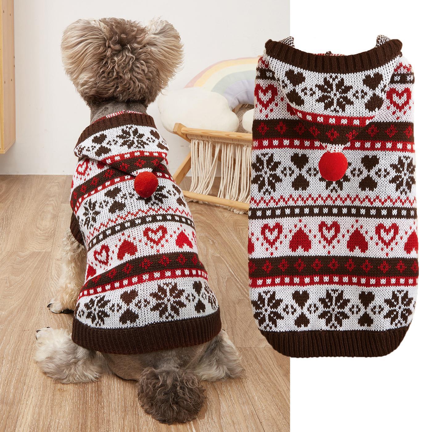 KFX-9457469 Warm Knitted Dog Sweater with Snowflake Love Stripes in Pink, Blue, Gray - for All Sizes
