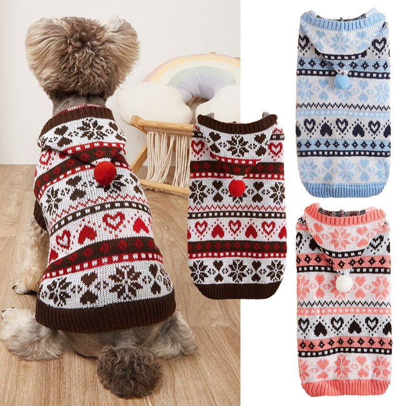 KFX-9457469 Warm Knitted Dog Sweater with Snowflake Love Stripes in Pink, Blue, Gray - for All Sizes