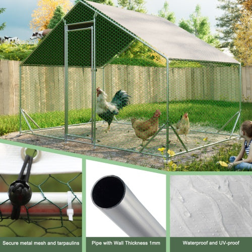KFX-9463101 Large Walk-In Metal Chicken Coop with Waterproof Cover and Galvanized Wire for Poultry and Small Animals