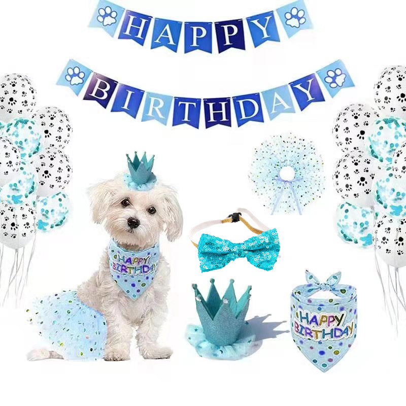 KFX-9478333 Pet Birthday Party Decoration Set with Cartoon Design - Includes Saliva Towel, Balloons, Hat, Bow Tie, and Skirt