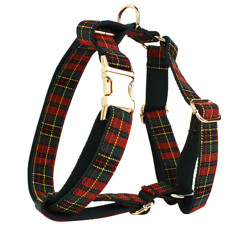 KFX-9486269 Plaid Christmas Dog Collar and Leash Set with Bow and Vest – Green Background for Festive Pets