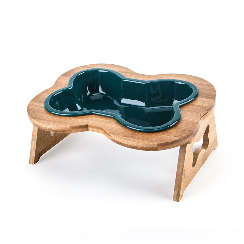KFX-9486653 Ceramic Anti-Overturning Large Pet Bowl for Dogs and Cats with Wooden Rack