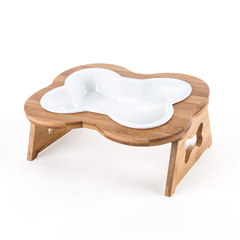 KFX-9486653 Ceramic Anti-Overturning Large Pet Bowl for Dogs and Cats with Wooden Rack