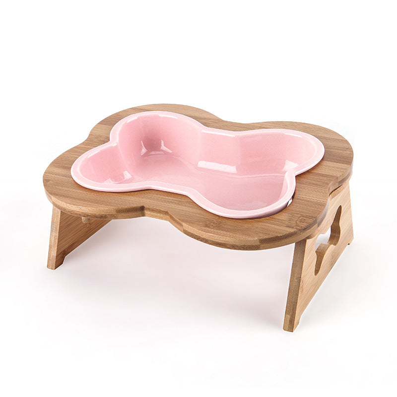 KFX-9486653 Ceramic Anti-Overturning Large Pet Bowl for Dogs and Cats with Wooden Rack