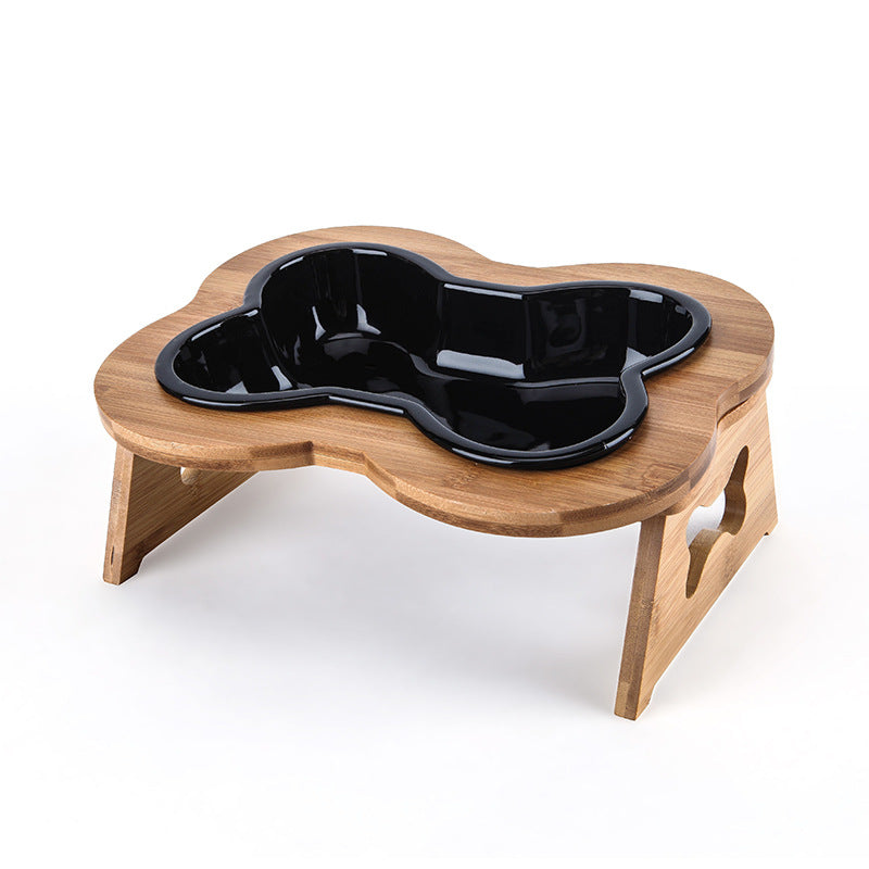 KFX-9486653 Ceramic Anti-Overturning Large Pet Bowl for Dogs and Cats with Wooden Rack
