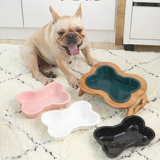 KFX-9486653 Ceramic Anti-Overturning Large Pet Bowl for Dogs and Cats with Wooden Rack