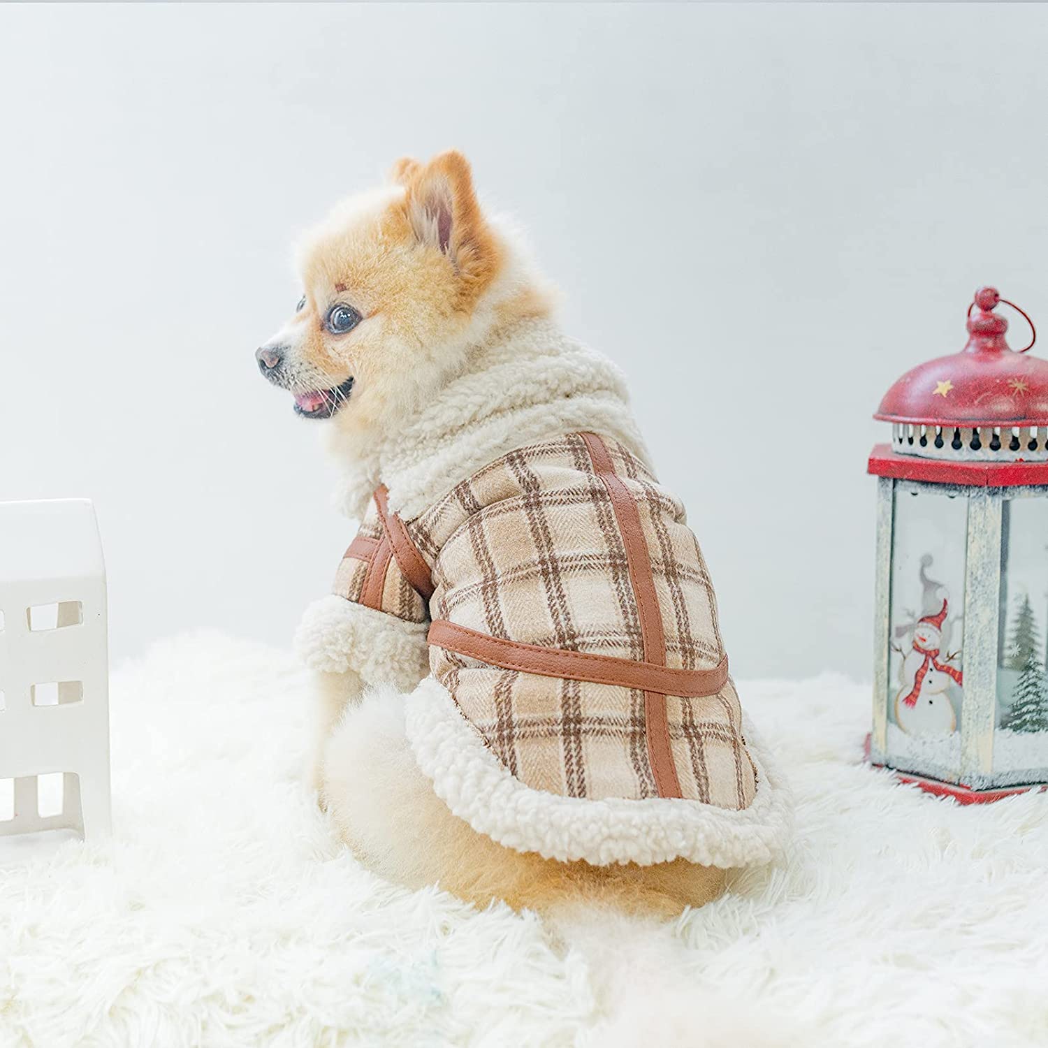 KFX-9491901 Warm Lamb Velvet Plaid Outerwear for Dogs in Blue, Black, and Khaki - Autumn and Winter Styles