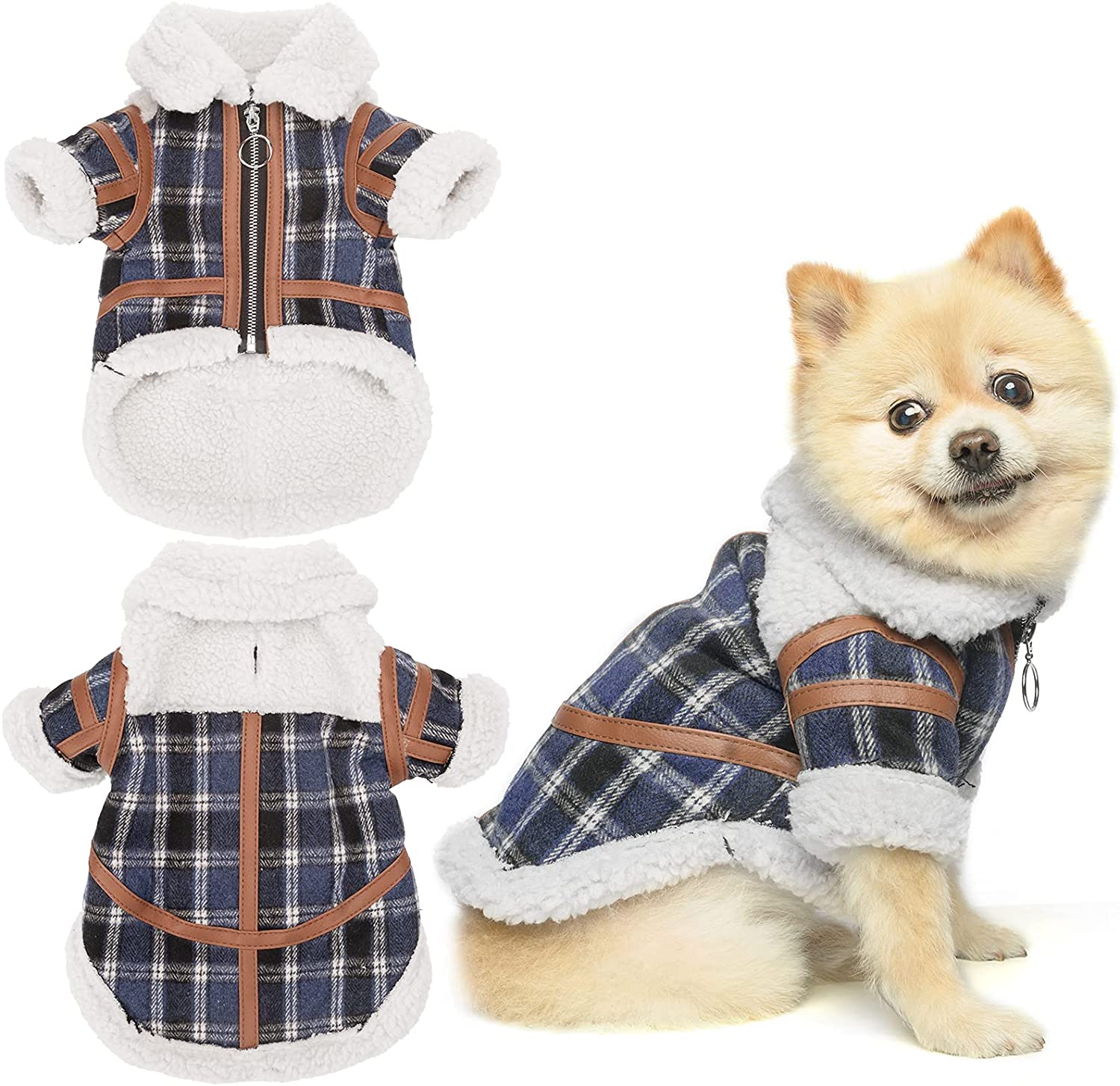 KFX-9491901 Warm Lamb Velvet Plaid Outerwear for Dogs in Blue, Black, and Khaki - Autumn and Winter Styles
