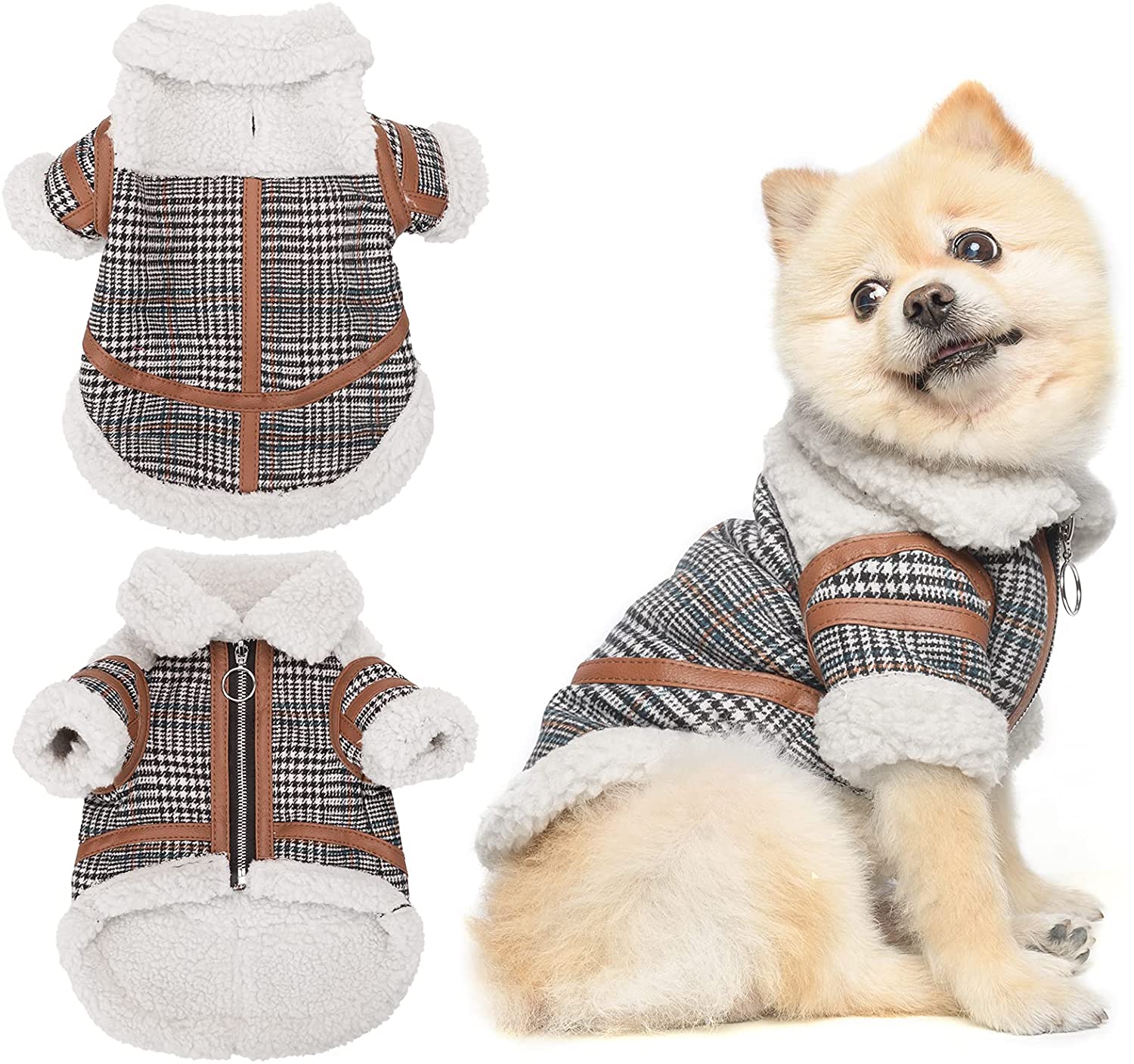 KFX-9491901 Warm Lamb Velvet Plaid Outerwear for Dogs in Blue, Black, and Khaki - Autumn and Winter Styles