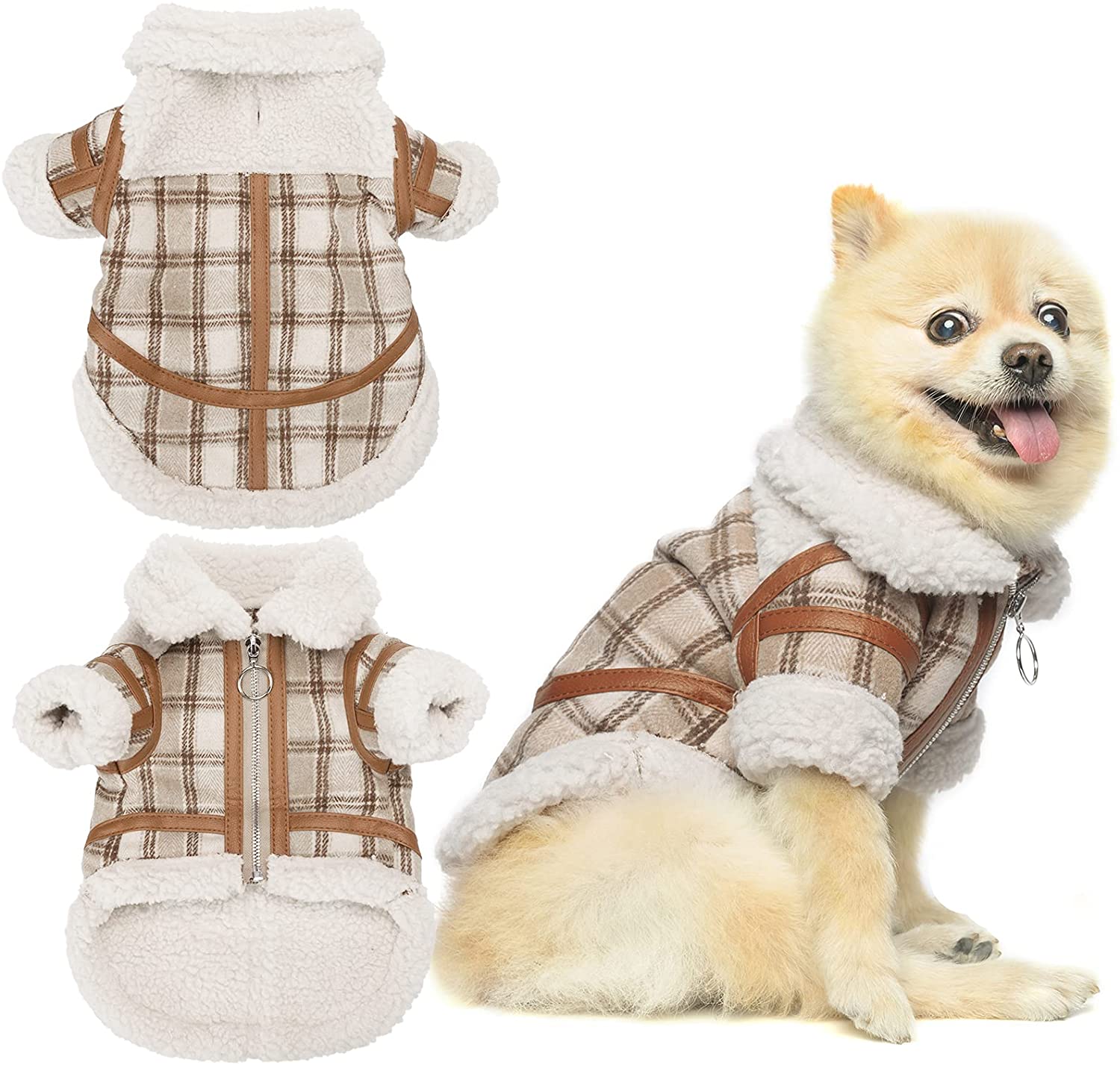 KFX-9491901 Warm Lamb Velvet Plaid Outerwear for Dogs in Blue, Black, and Khaki - Autumn and Winter Styles