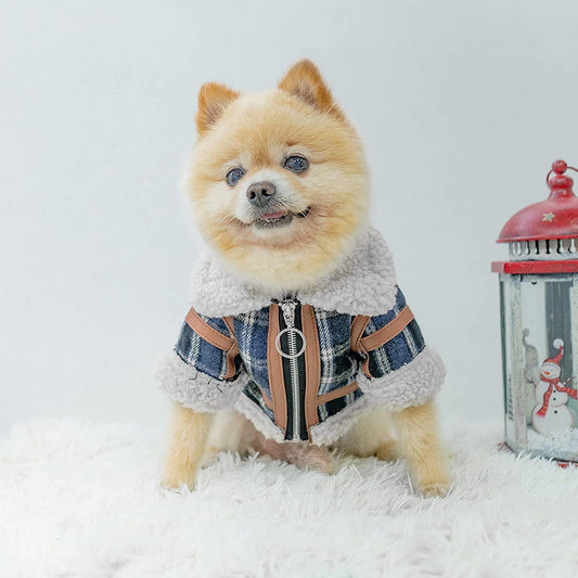 KFX-9491901 Warm Lamb Velvet Plaid Outerwear for Dogs in Blue, Black, and Khaki - Autumn and Winter Styles