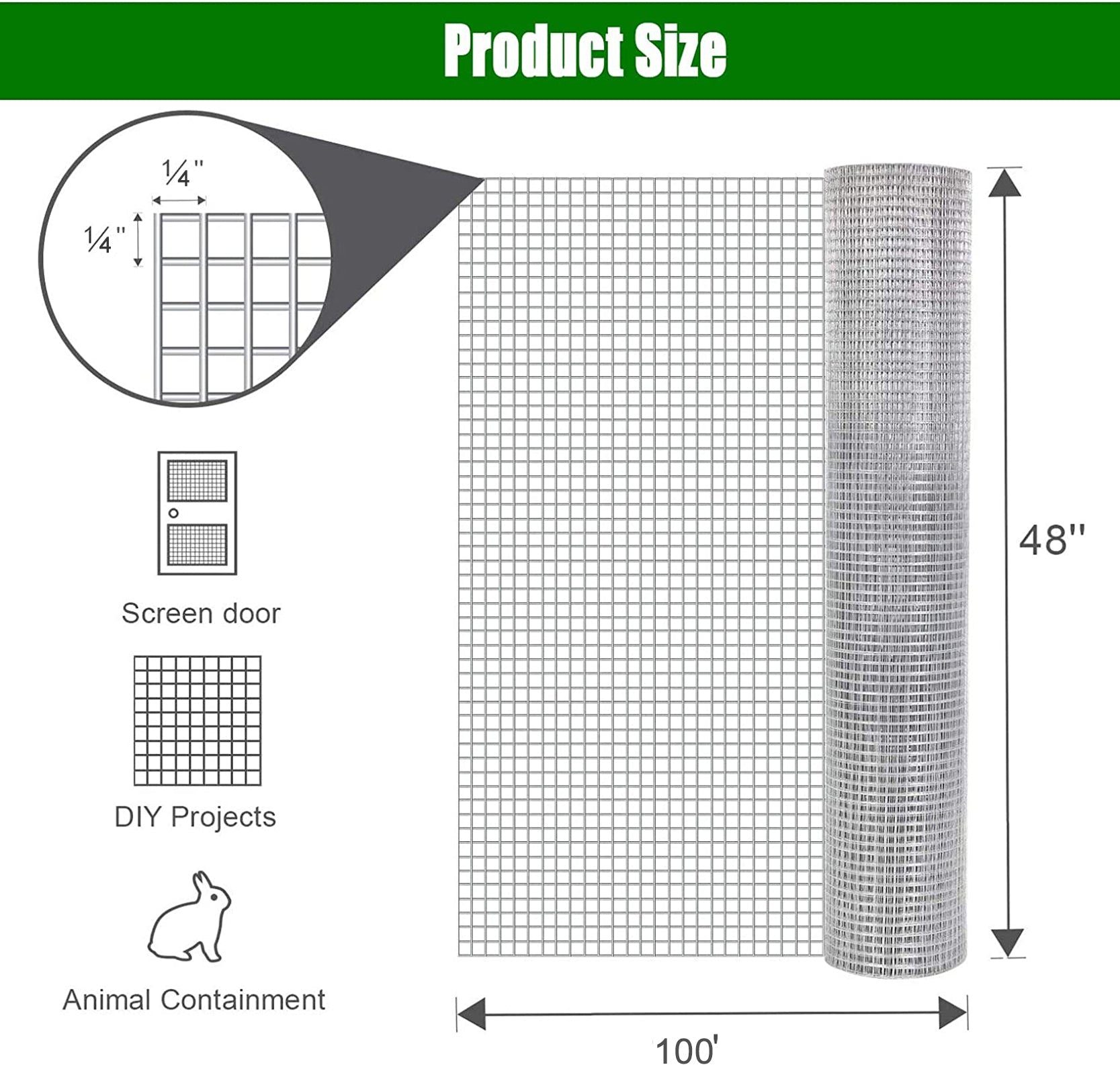KFX-9499581 Galvanized 1/4 Inch Hardware Cloth Wire Fencing Roll 48in x 100ft for Poultry and Garden Protection