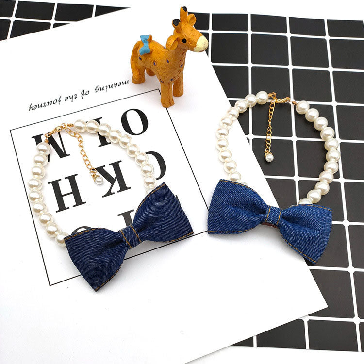 KFX-9500221 Denim Bow Pearl Necklace for Cats and Dogs – Cute Princess Style Pet Accessory