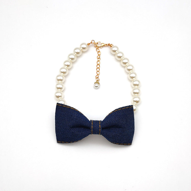 KFX-9500221 Denim Bow Pearl Necklace for Cats and Dogs – Cute Princess Style Pet Accessory