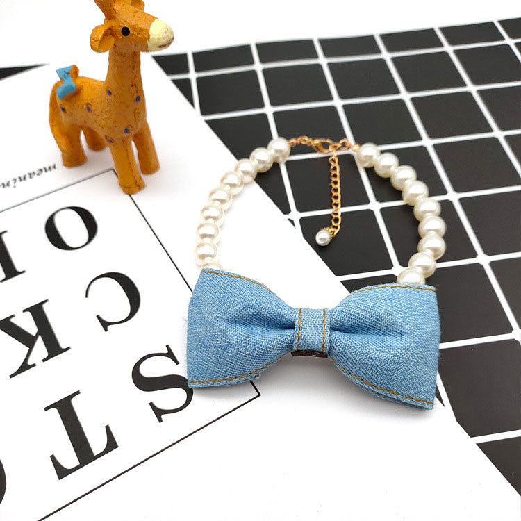 KFX-9500221 Denim Bow Pearl Necklace for Cats and Dogs – Cute Princess Style Pet Accessory