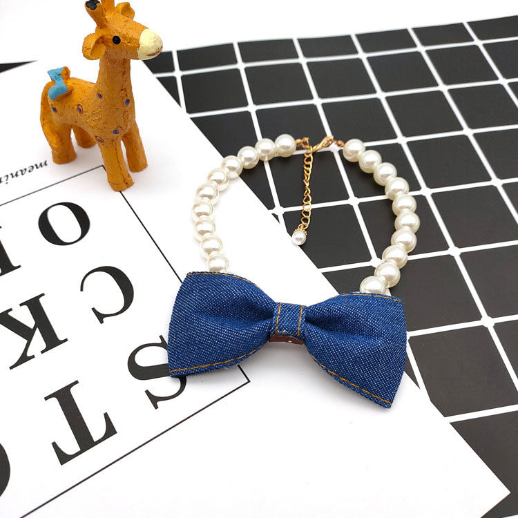KFX-9500221 Denim Bow Pearl Necklace for Cats and Dogs – Cute Princess Style Pet Accessory