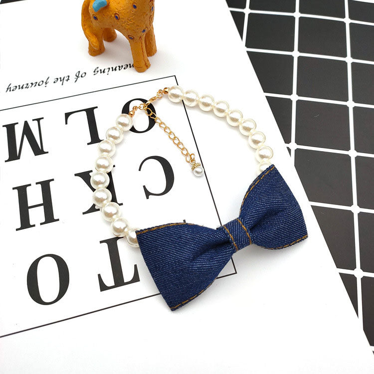 KFX-9500221 Denim Bow Pearl Necklace for Cats and Dogs – Cute Princess Style Pet Accessory