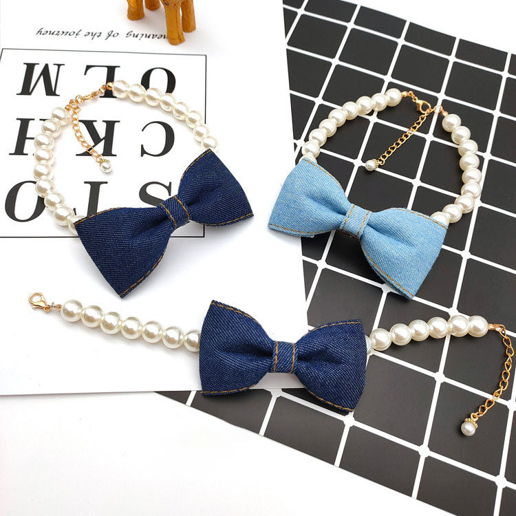 KFX-9500221 Denim Bow Pearl Necklace for Cats and Dogs – Cute Princess Style Pet Accessory