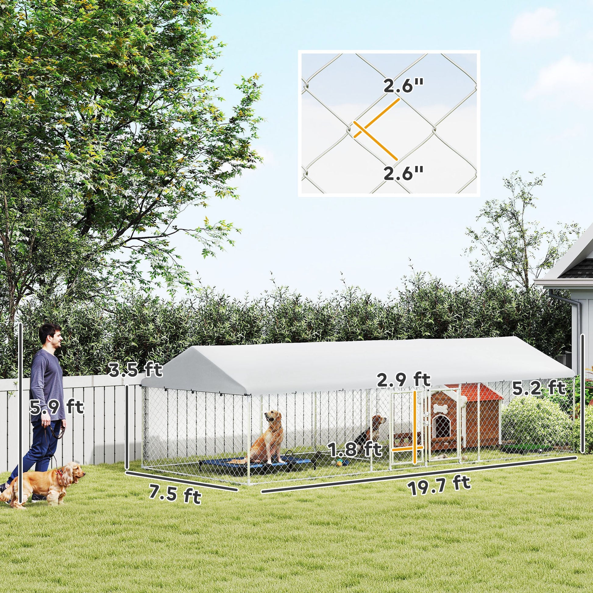 KFX-9501629 Two-Room Outdoor Dog Kennel with Waterproof Roof, Secure Design, Large Play Area 19.7' x 7.5' x 5.2'