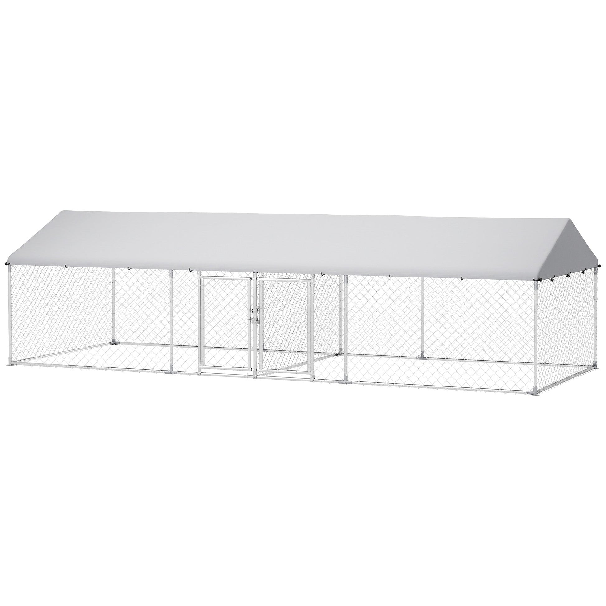 KFX-9501629 Two-Room Outdoor Dog Kennel with Waterproof Roof, Secure Design, Large Play Area 19.7' x 7.5' x 5.2'