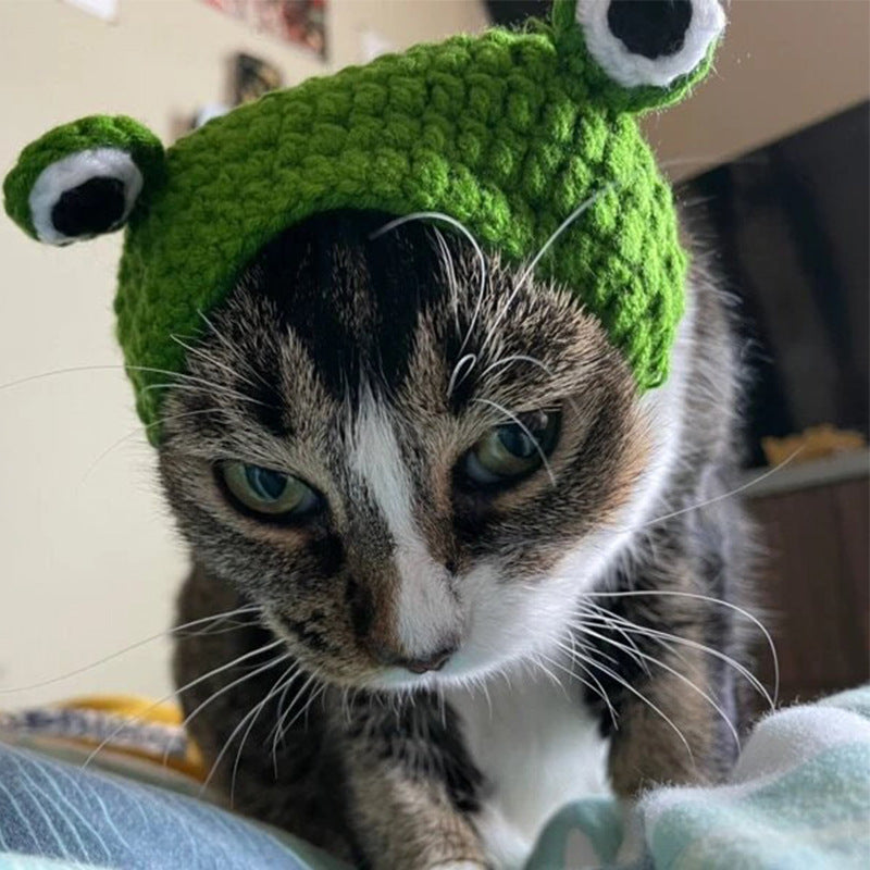 KFX-9502781 Knitted Wool Pet Hat - Cartoon Frog Headdress for Pets, Sizes S & M