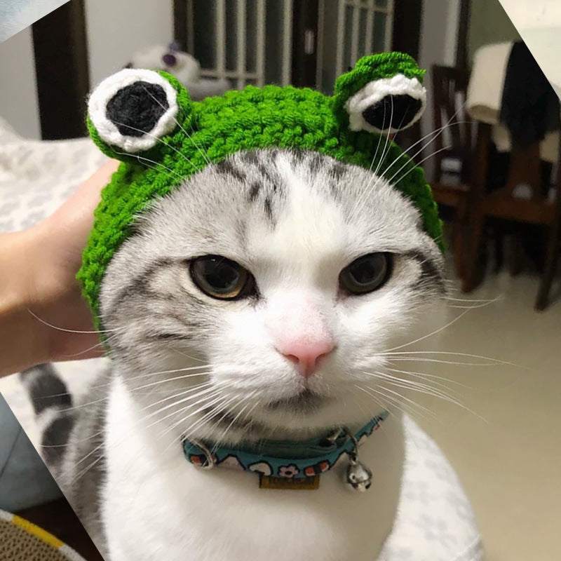 KFX-9502781 Knitted Wool Pet Hat - Cartoon Frog Headdress for Pets, Sizes S & M