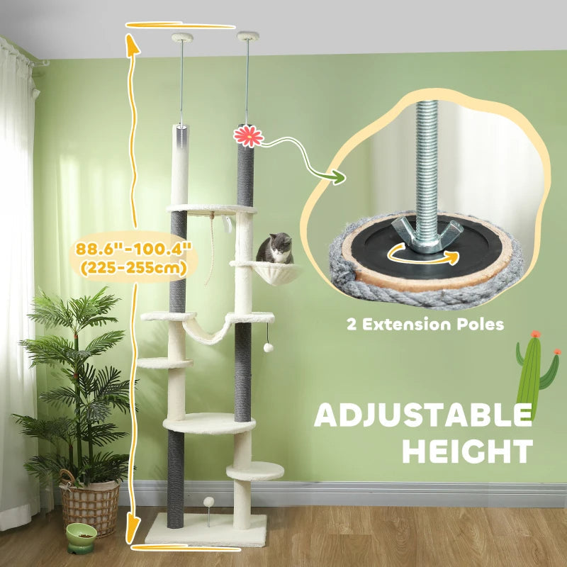 KFX-9507005 Adjustable Floor-to-Ceiling Cat Tree with Hammocks, Scratching Posts, and Plush Comfort in White
