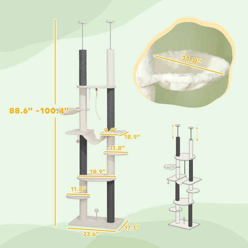 KFX-9507005 Adjustable Floor-to-Ceiling Cat Tree with Hammocks, Scratching Posts, and Plush Comfort in White
