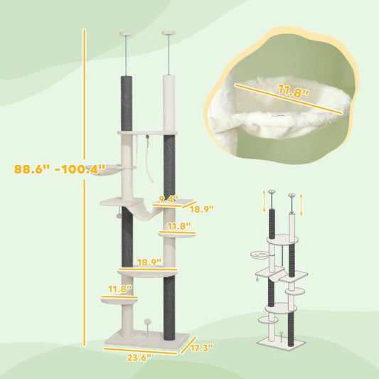 KFX-9507005 Adjustable Floor-to-Ceiling Cat Tree with Hammocks, Scratching Posts, and Plush Comfort in White