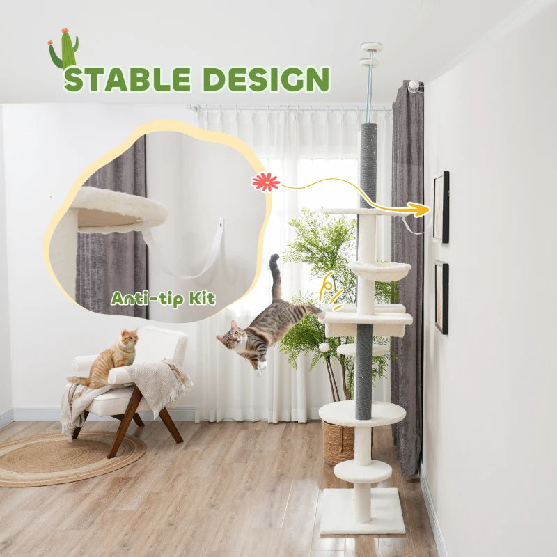 KFX-9507005 Adjustable Floor-to-Ceiling Cat Tree with Hammocks, Scratching Posts, and Plush Comfort in White