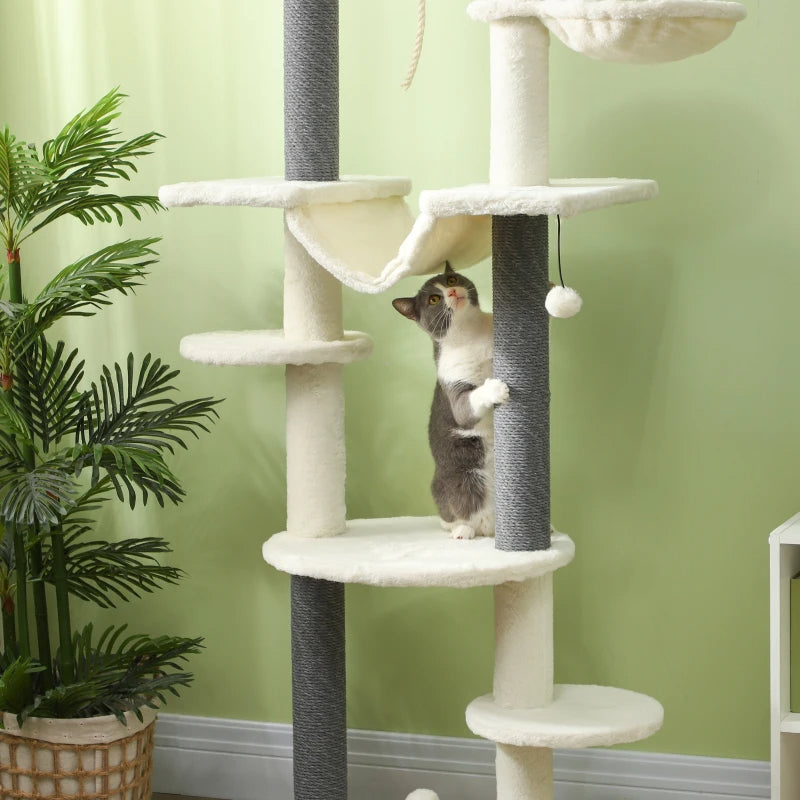 KFX-9507005 Adjustable Floor-to-Ceiling Cat Tree with Hammocks, Scratching Posts, and Plush Comfort in White