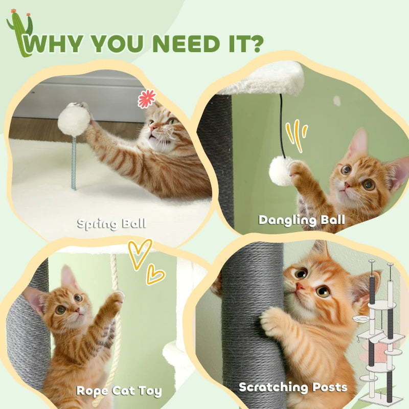 KFX-9507005 Adjustable Floor-to-Ceiling Cat Tree with Hammocks, Scratching Posts, and Plush Comfort in White