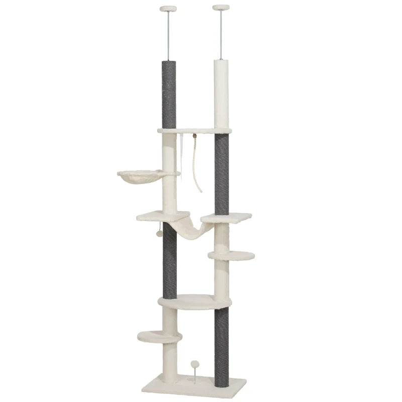 KFX-9507005 Adjustable Floor-to-Ceiling Cat Tree with Hammocks, Scratching Posts, and Plush Comfort in White