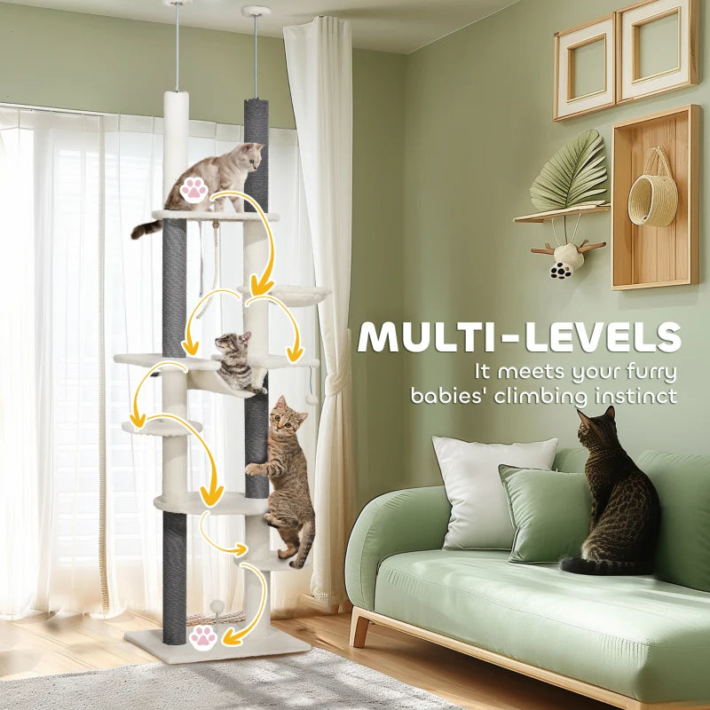 KFX-9507005 Adjustable Floor-to-Ceiling Cat Tree with Hammocks, Scratching Posts, and Plush Comfort in White